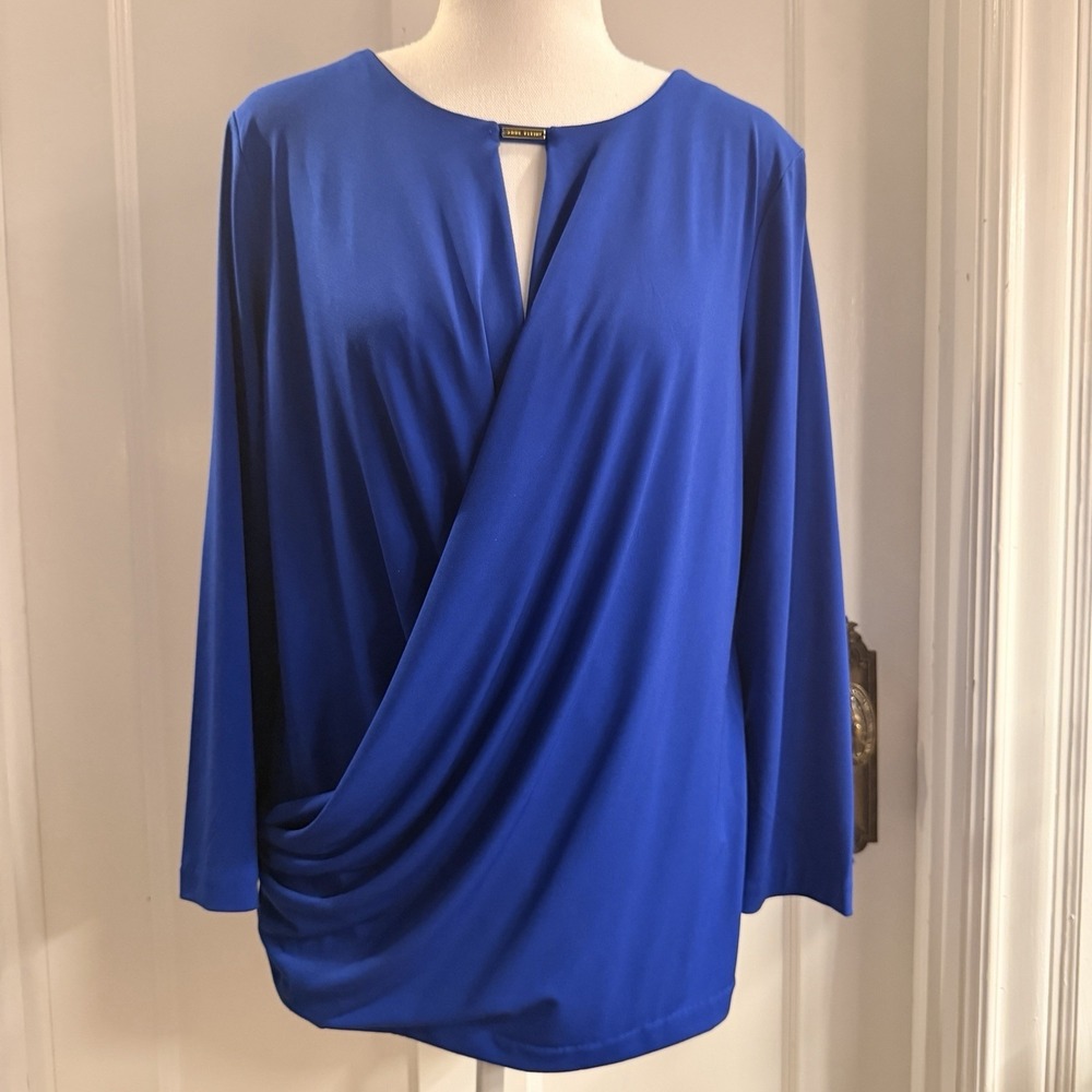 Anne Klein Women's Royal Blue Faux Wrap Keyhole‎ Front Long Sleeve Blouse Size L